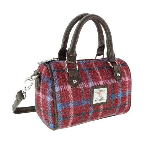 Bowlingtas mini Kilbride Bordeaux rood met roze blauwe ruit - 17x 20x11 - Harris Tweed - Glen Appin of Scotland by MoodCompanyNL