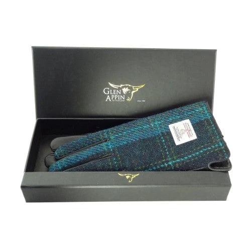 Dames Handschoenen Blauw en Turquoise Ruit met Zwart Leer - Harris Tweed - Glen Appin of Scotland by MoodCompanyNL