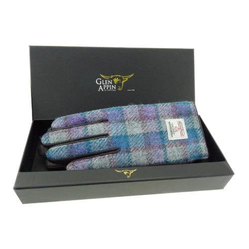 Dames handschoenen Grijs Blauw en Paars met Bruin Leer - Harris Tweed - Glen Appin of Scotland by MoodCompanyNL