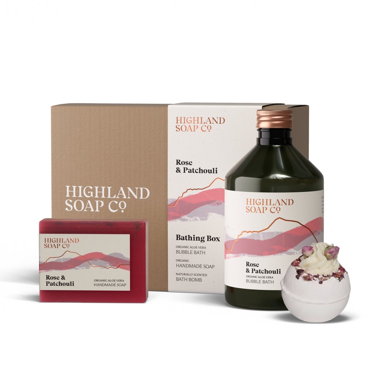 Mood Company - Luxe Badset – Badschuim, Biologische Zeep & Badbruisbal - Rose & Patchouli - Highland Soap Company -