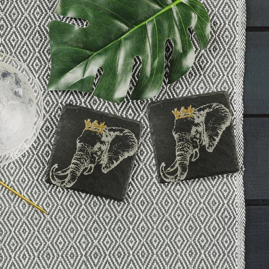 Onderzetters Olifant met gouden kroon - Gegraveerd - Leisteen - Just Slate Company Scotland by MoodCompanyNL