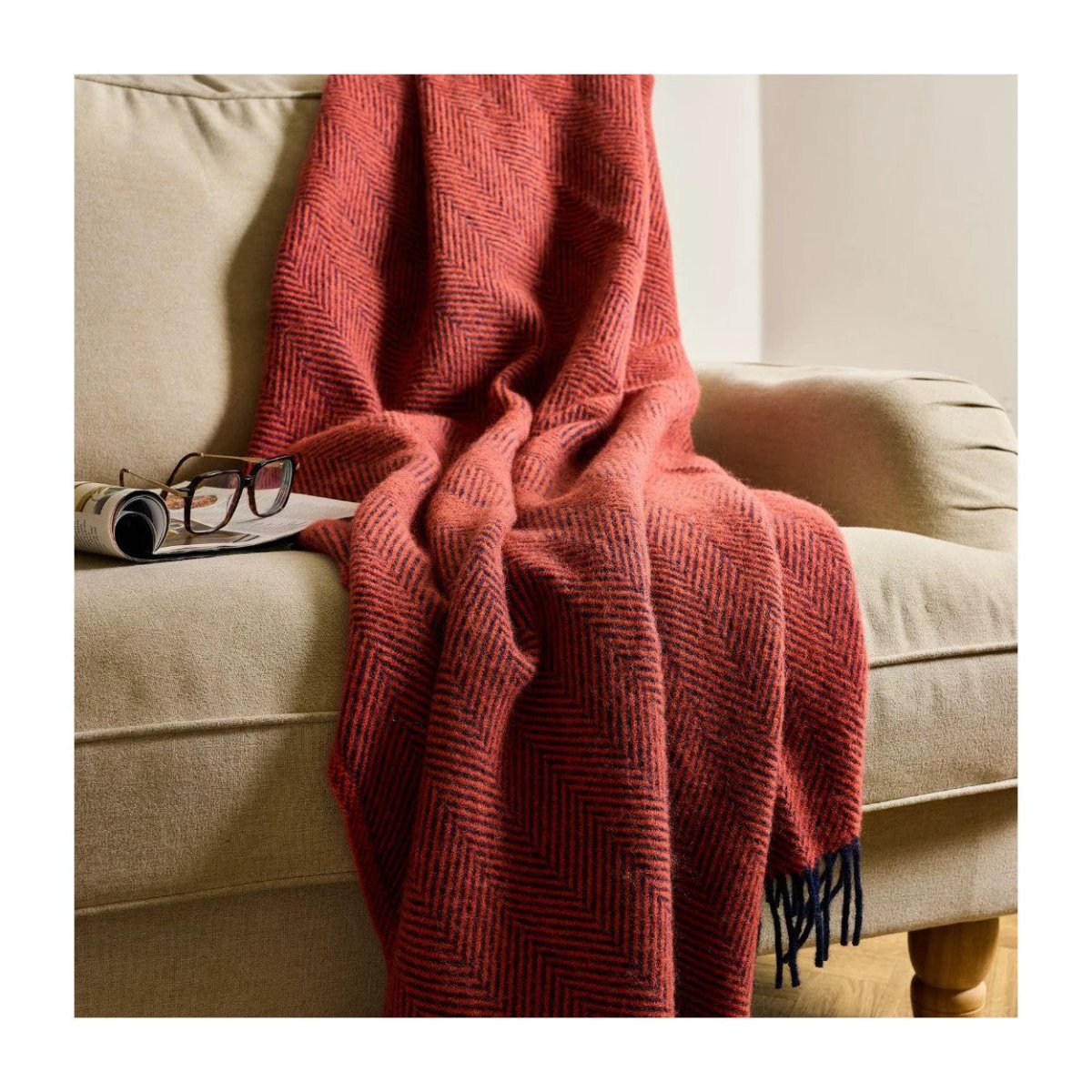Plaid Herringbone Flamingo & Navy - 150x183 - Nieuw Wol - Tweedmill UK by Mood Company