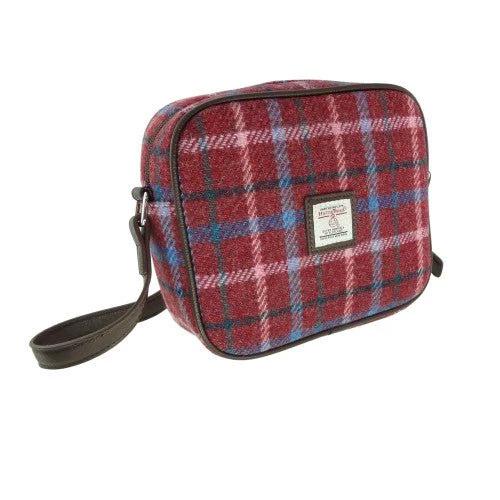 Schoudertas Almond Bordeaux rood met roze blauwe ruit - 19x21x7 - Harris Tweed - Glen Appin of Scotland by MoodCompanyNL