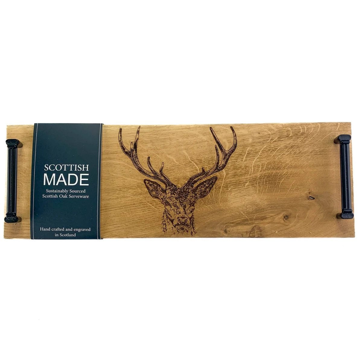 Serveerplank met stalen handvatten Edelhert - 45x15 - Schots Eikenhout - Scottish Made by MoodCompanyNL