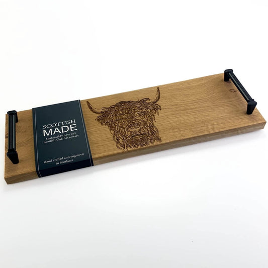 Serveerplank met stalen handvatten Schotse Hooglander - 45x15 - Schots Eikenhout - Scottish Made by MoodCompanyNL