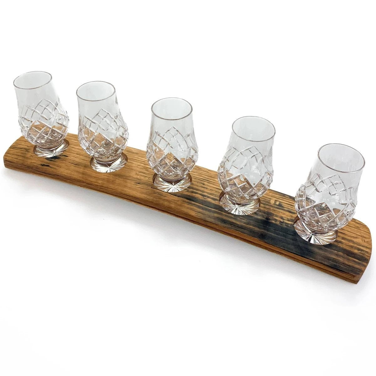 Whiskyglashouder van oude whiskyvaten met 5 Glencairn Cut Whiskyglazen - Darach en Glencairn Crystal Scotland by MoodCompanyNL