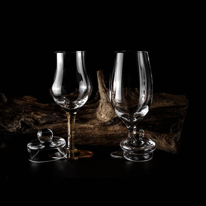 Coffret Dégustation Ambre – 2 verres à whisky faits main avec couvercles – Verre Ambre