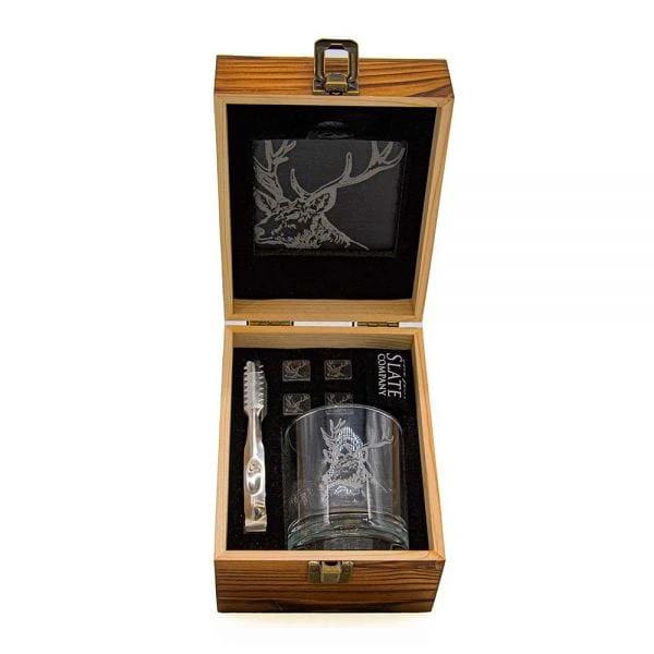 Geschenkset Edelhert met Gegraveerd Whiskyglas Whiskystenen en Onderzetter - Just Slate Company Scotland by MoodCompanyNL