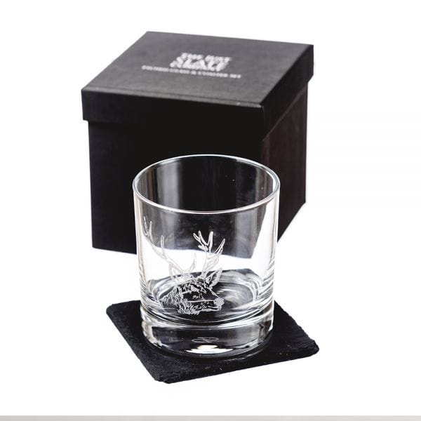 Mood_Company Whiskyglas Edelhert met leistenen onderzetter