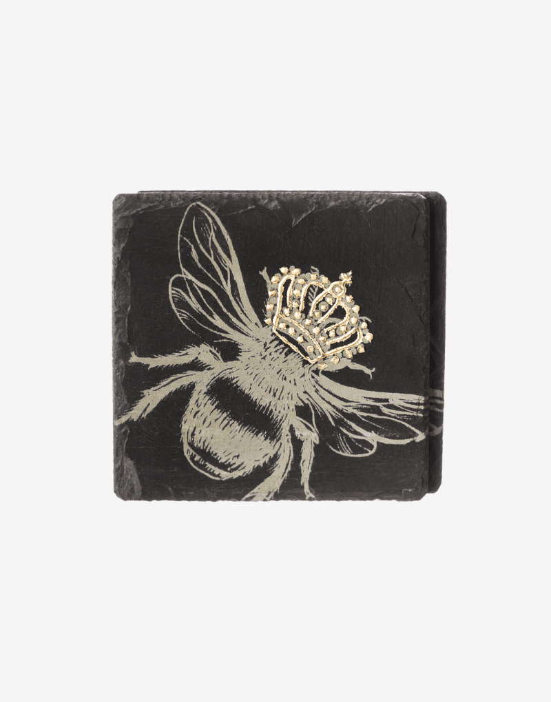 Mood Company - Onderzetters Bij met gouden kroon - Gegraveerd - Leisteen - Just Slate Company Scotland - 5060718710085