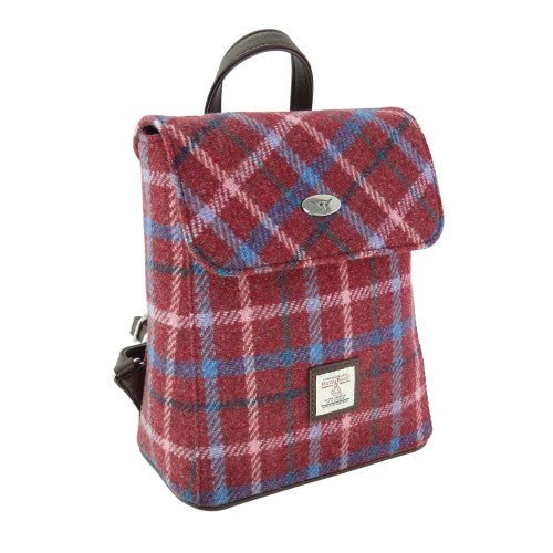 Mood Company - Rugzak Tummel Bordeaux rood met roze blauwe ruit - Mini - 26x21x12 - Harris Tweed - Glen Appin of Scotland - 5060631378430