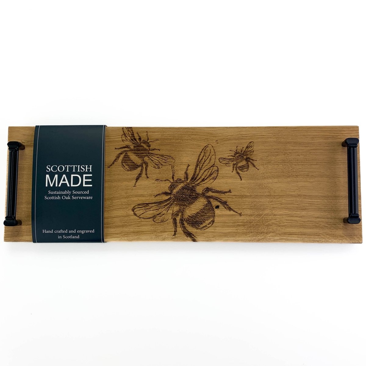 MoodCompanyNL - Serveerplank met stalen handvatten Bijen - 45x15 - Schots Eikenhout - Scottish Made - 5060949550160