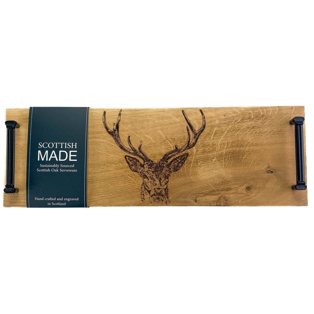 MoodCompanyNL - Serveerplank met stalen handvatten Edelhert - 45x15 - Schots Eikenhout - Scottish Made - 5060949550252