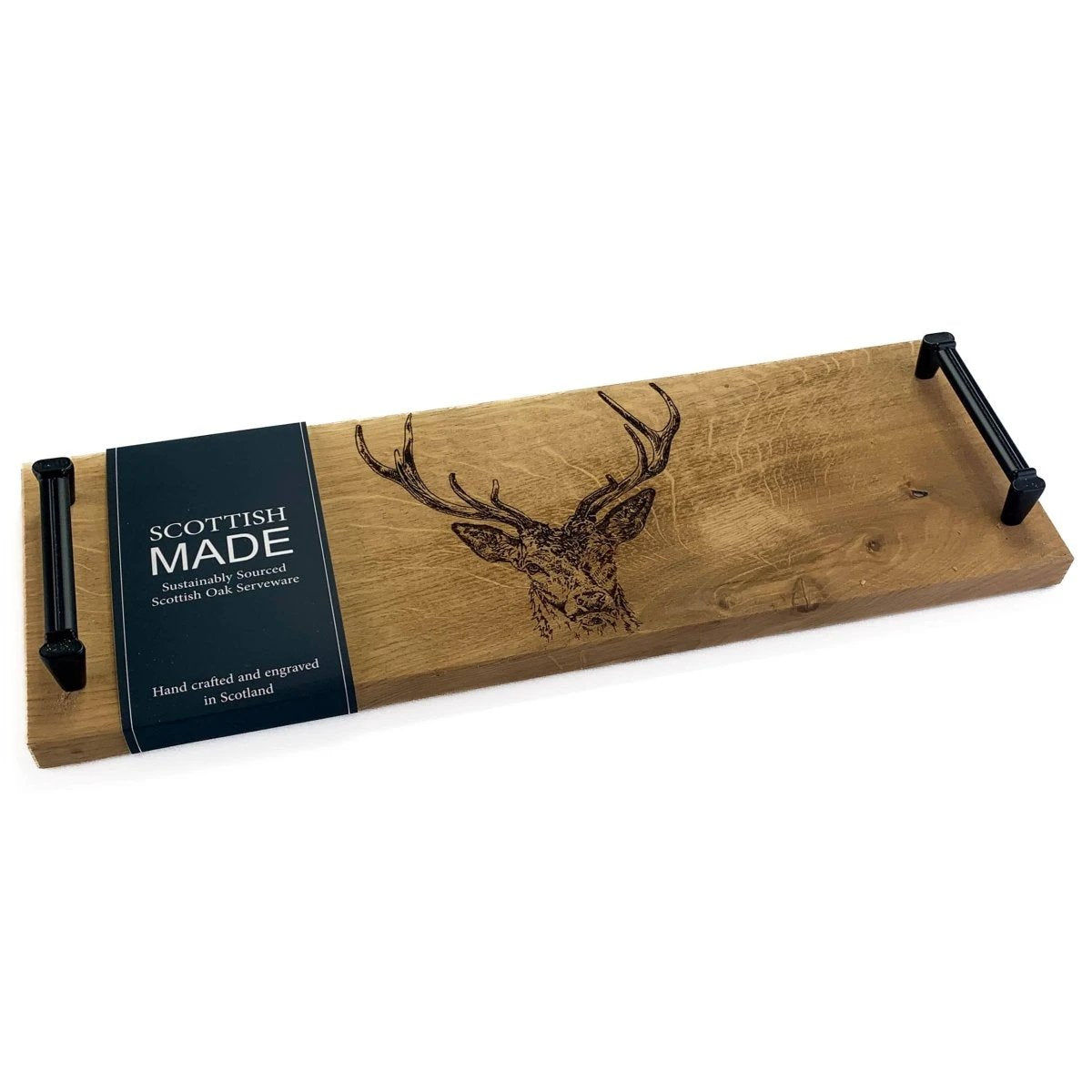 Serveerplank met stalen handvatten Edelhert - 45x15 - Schots Eikenhout - Scottish Made by MoodCompanyNL