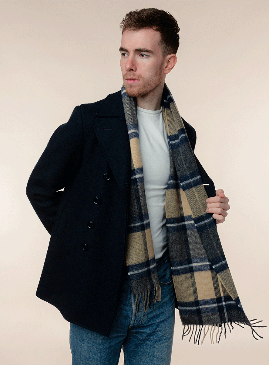 Écharpe Madison Bleu (Marine) Camel Laine d'agneau mérinos 25 x 190 Bronte by Moon Écosse