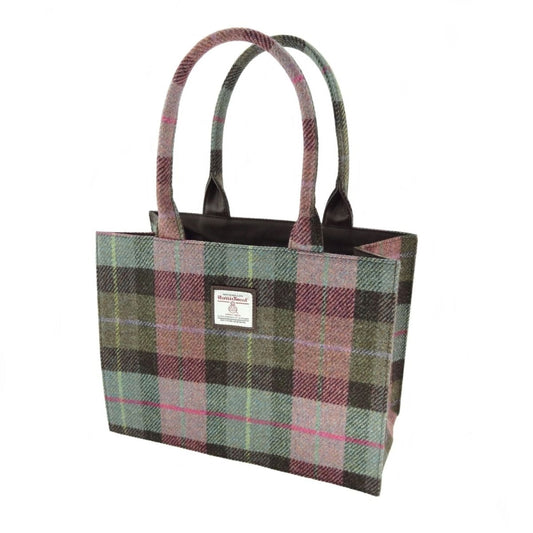 Mood Company - Tas Harris Tweed Shopper Glencoe Muted Green & Rose Pink Tartan - 36x49x16 - Glen Appin of Scotland - 5061035014313