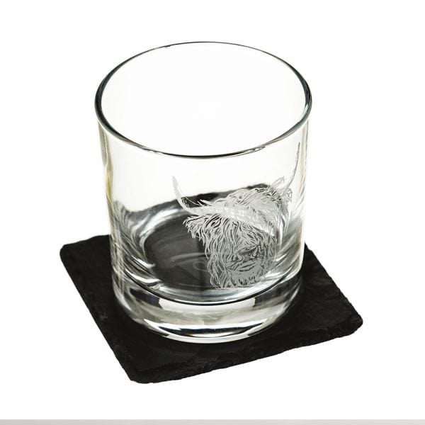 MoodCompanyNL - Whiskyglas Gegraveerd met Schotse Hooglander en leistenen onderzetter - Just Slate Company Scotland - 5060426287190