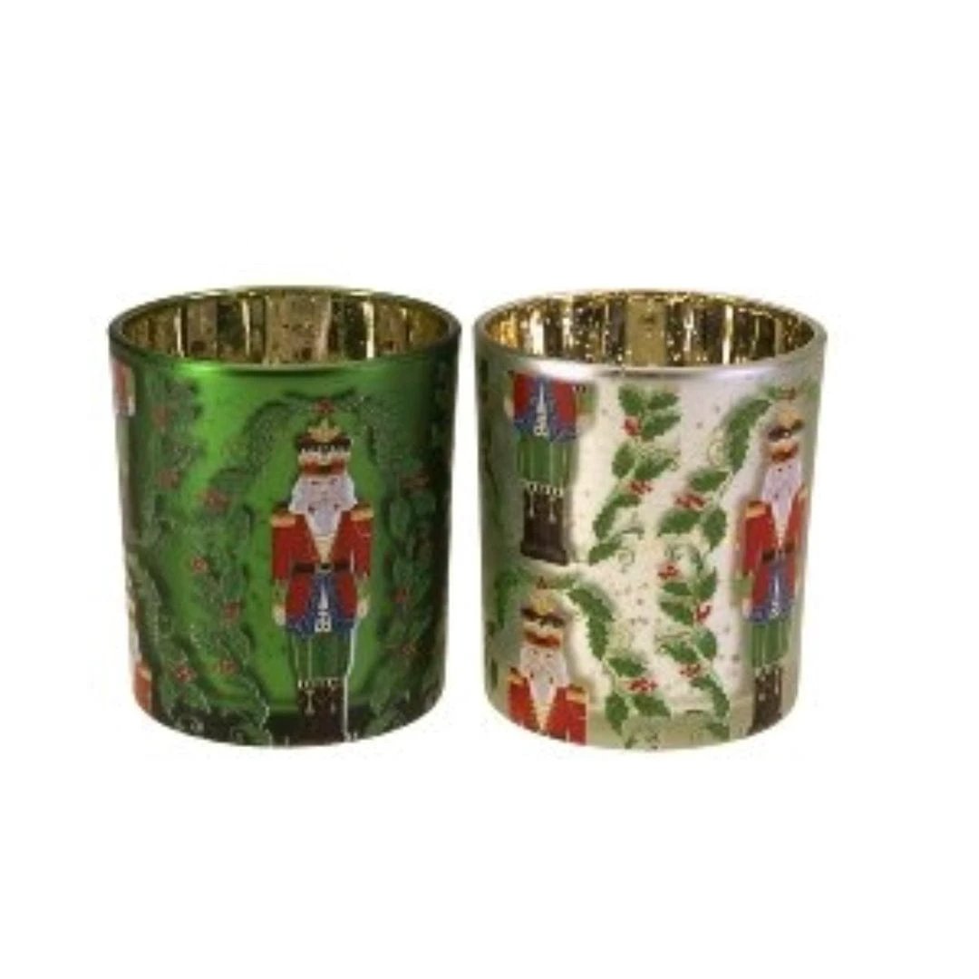 Windlicht notenkraker - glas wit/groen - set van 2 - 9x10cm - Werner Voss by Mood4Christmas